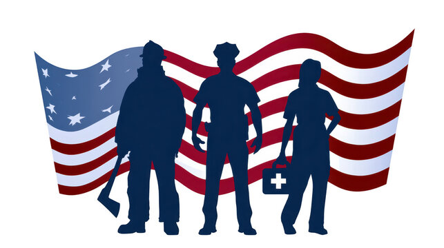Silhouettes of firefighter police officer and medic with American flag background