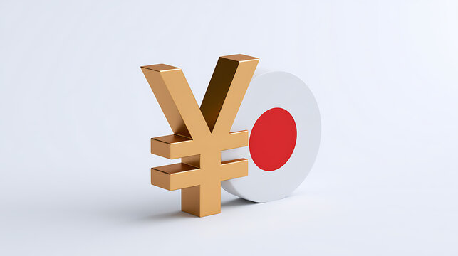 Gold yen currency symbol stand in front of red and white circle shape object representing financial market economy of nation in Asia region