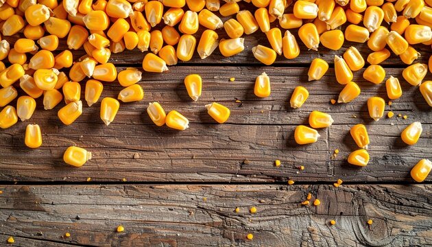 Scattered corn kernels in a repeating pattern 3D Illustration across a farmhouse wooden table