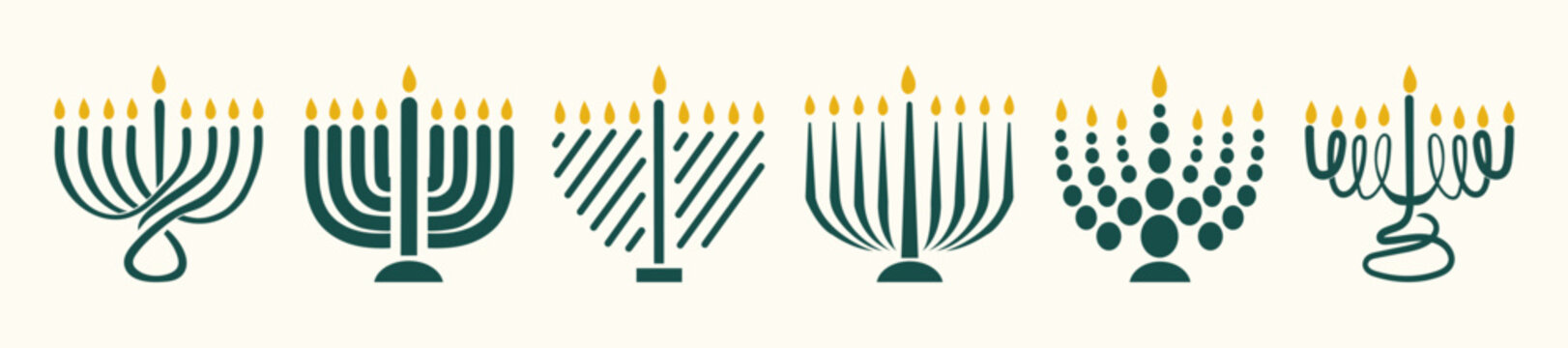 Set of Six Modern Hanukkah Menorah Icons in Minimalist Geometric Styles