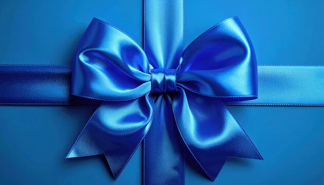 Vibrant blue satin ribbon tied into an elegant bow on a luxury gift package, 3D Illustration, glossy textile texture.
