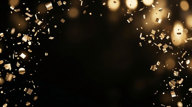 Golden confetti falling on black background, luxury celebration background with bokeh lights, festive gold glitter particles