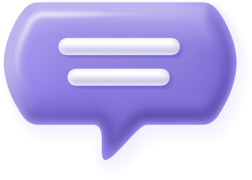 Purple 3D speech bubble icon with text lines symbolizing online chat and digital messaging