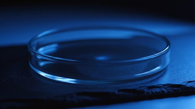 Glass petri dish on dark surface illuminated by pulsing blue uv light