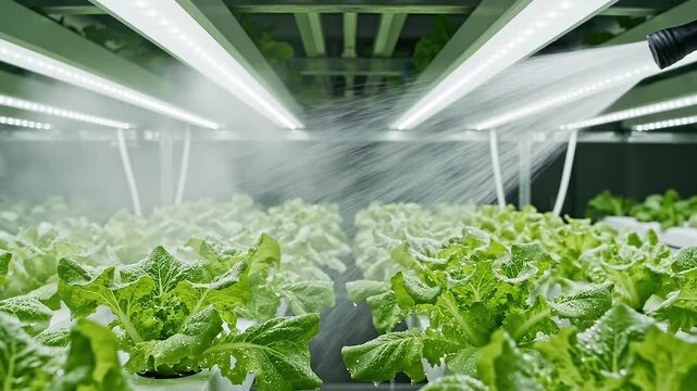 Fine water mist spraying over fresh green hydroponic lettuce in indoor farm