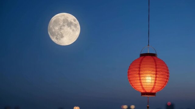 Traditional Glowing Red Chinese Lantern Hanging Under a Full Moon in the Night Sky