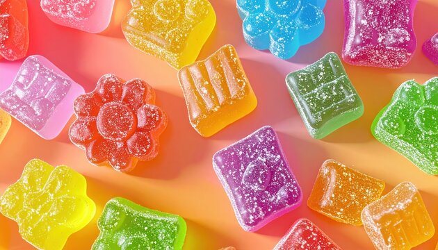 Rainbow colored gummy candies 3D Illustration arranged on a bright candy shop background