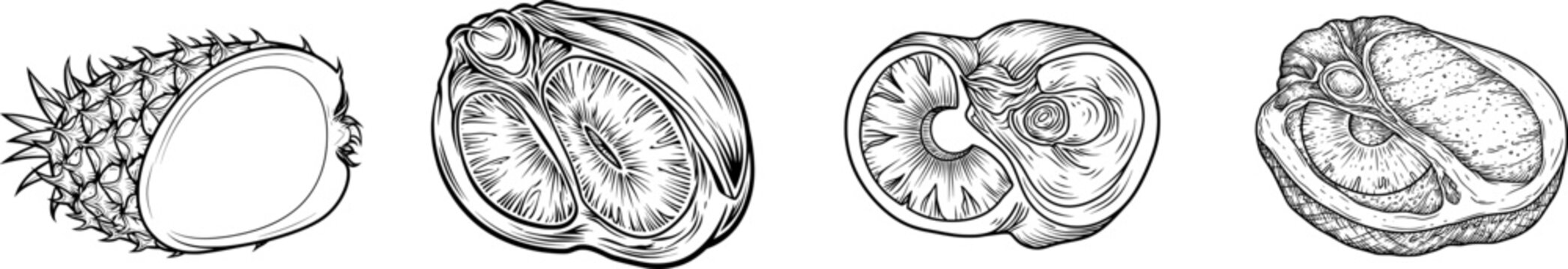 A single, intricately detailed pineapple slice with vibrant pineapple slices inside, rendered in black and white line art, is isolated against a pristine white background
