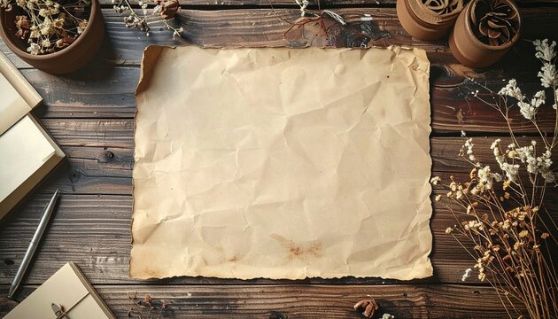 Aged kraft paper sheet, 3D Illustration, lying on a vintage wooden desk beside stationery and dried flowers.