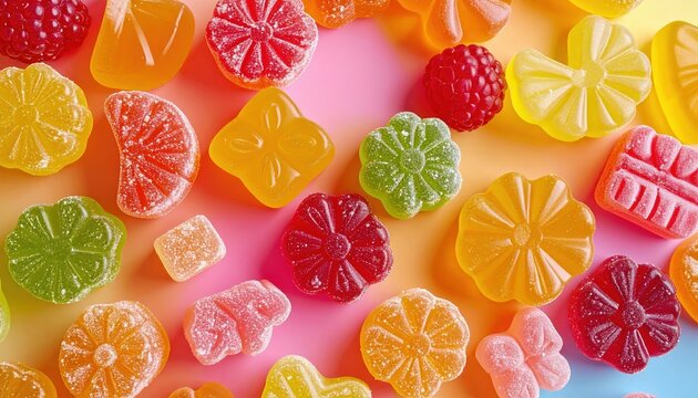 Assorted fruit shaped gummy candies 3D Illustration on a colorful candy shop background
