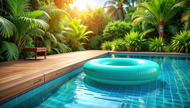 3D Illustration of a bright turquoise inflatable swim ring drifting beside a wooden pool deck surrounded by tropical greenery.