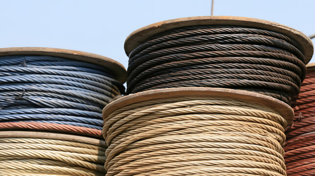 Large industrial spools filled with heavy metal wire rope and steel cable stored outside at a construction site facility during daytime