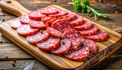 Fototapeta premium Fresh cured sausage slices arranged diagonally across a rustic wooden serving board, 3D Illustration.