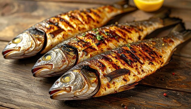 Three whole grilled fish with golden char marks arranged diagonally on a rustic seafood table, 3D Illustration.