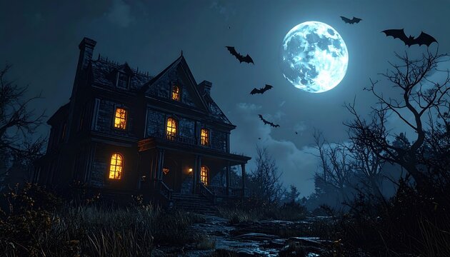 3D Illustration of an old spooky mansion with glowing windows, dead trees, and flying bats under a full moon.