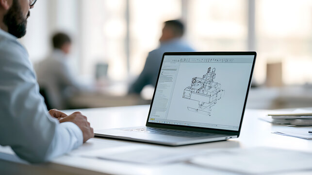 Engineer create technical blueprint and mechanical cad design on laptop screen during team project meeting inside modern corporate office desk