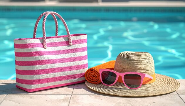 Striped straw beach bag, wide sun hat, pink sunglasses and rolled orange towel arranged beside a swimming pool, 3D Illustration.