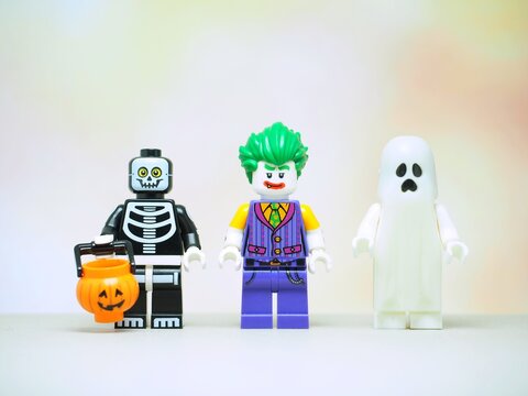 Indonesia - September 11, 2023 : Mini toy at table with blurred background. Halloween party concept design.