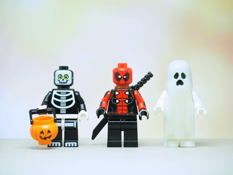 Indonesia - September 11, 2023 : Mini toy at table with blurred background. Halloween party concept design.