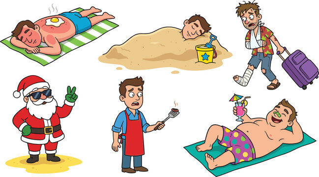Funny Cartoon Summer Vacation Character Collection Featuring Beach Relaxation, Sunbathing, Santa Claus, Chef, Injured Traveler, Colorful Swimwear, and Holiday Activities