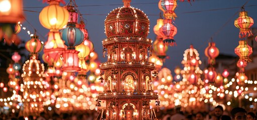 Naklejka premium A brightly decorated divine chariot featuring glowing lanterns arranged for a lively Indian religious festival with a warm atmosphere.