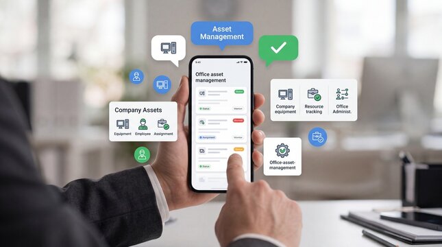 Business person using a mobile application for office asset management on a smartphone in office