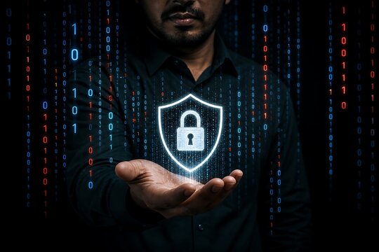 Person holding digital security shield amid binary data stream