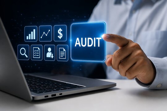 Professional conducting financial audit on laptop with digital audit interface