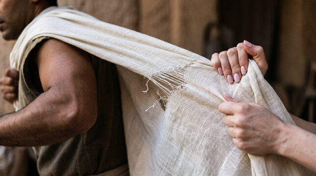 Joseph fleeing in absolute terror from Potiphar's wife, leaving his outer cloak behind in her grasping hands