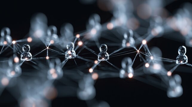 Glass human figures connected by glowing lines of light in this abstract digital visualization representing global networking and social communication
