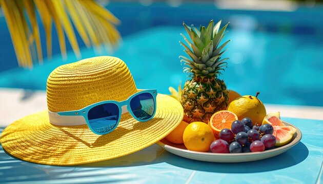 3D Illustration of a yellow straw hat and blue sunglasses placed beside a tropical fruit platter on a poolside table.