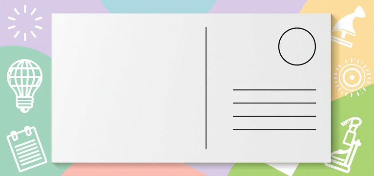 Modern postcard design with pastel tones, travel icons, and ample space for stamps and personalized messages.