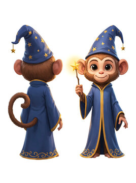 Cute cartoon monkey wizard character wearing blue star hat and cloak holding glowing magic wand with cute animal fantasy creature magical character fantasy illustration storybook art mystical mon