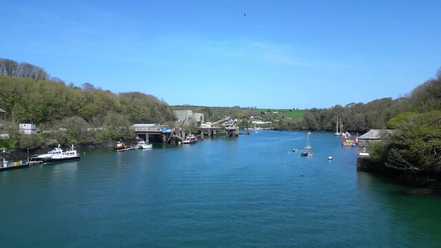 Fowey, Cornwall, England: DRONE VIEWS: Fowey Harbour on the River Fowey. Fowey docks is a crucial hub for the local mining industry to export china clay abroad.