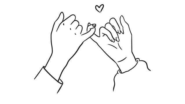 Minimalist pinky swear line art, hand drawn promise gesture with heart, simple black and white sketch of friends making a pact