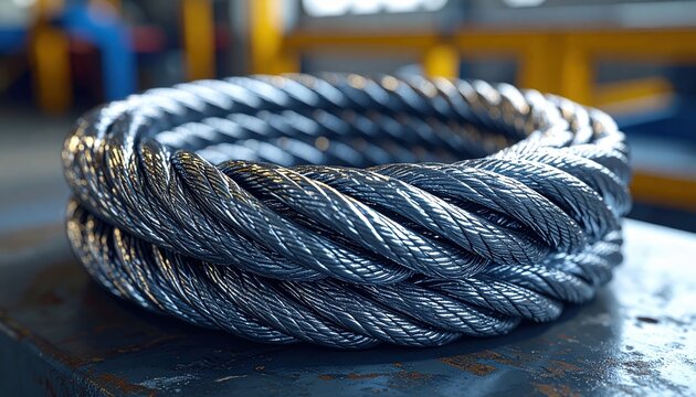 Strong metallic wire rope with twisted strands coiled on an industrial workbench, 3D Illustration, detailed steel texture.