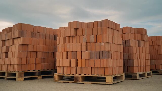 Stacked Red Clay Bricks on Wooden Pallets in Outdoor Industrial Yard Storage