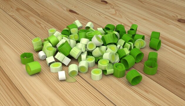 Sliced scallions scattered on a wooden kitchen table 3D Illustration