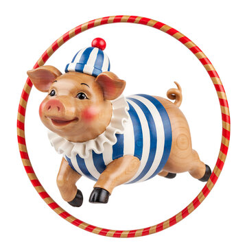 Small piggy circus performer figurine wearing blue and white stripes jumping through a hula hoop with piglet figurine circus pig striped costume ceramic animal circus act cute pig decorative orn