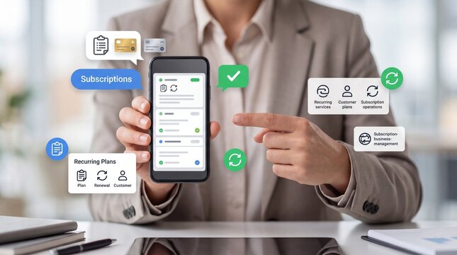 Business person holding a smartphone showing subscription management app interface with digital