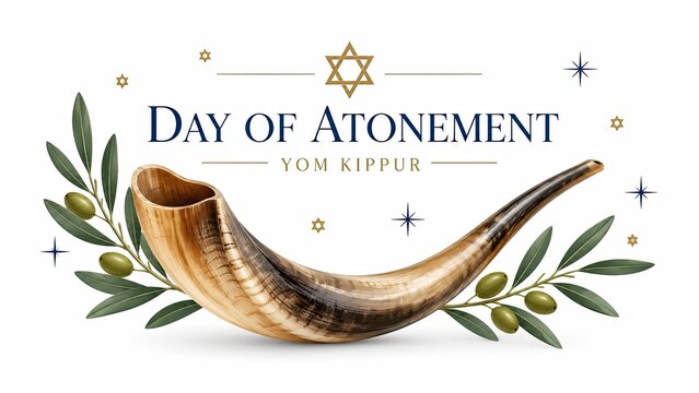 Illustrated shofar with olive branches and Jewish symbols for a Day of Atonement and Yom Kippur greeting design.