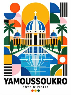 Colorful illustrated poster of Yamoussoukro, C&ocirc;te d&rsquo;Ivoire, featuring a domed basilica, palm trees, geometric shapes, and a reflective avenue.