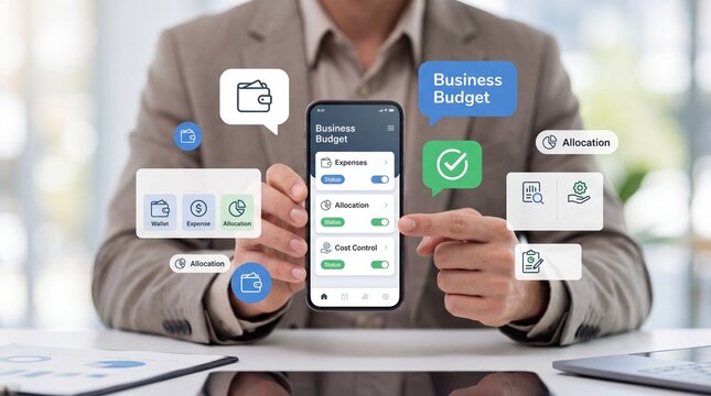 Business professional holding a smartphone with financial budget tracking screen showing financial
