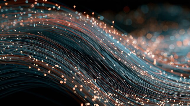 Glowing fiber optic cables showing data transmission speed with soft bokeh lights in a deep blue and orange digital background