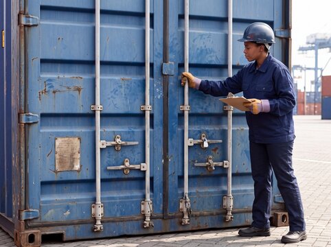 Female port worker inspecting shipping container with clipboard