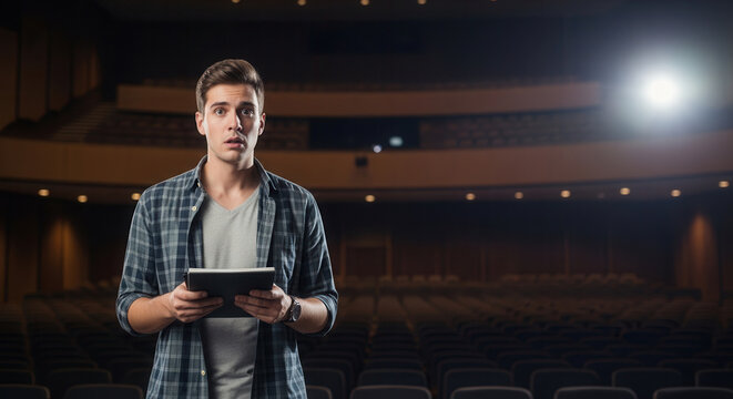 A terrified young man stands frozen on stage holding a script inside a dark empty theater while a bright spotlight shines from above, creating a tense atmosphere of stage fright and performance.