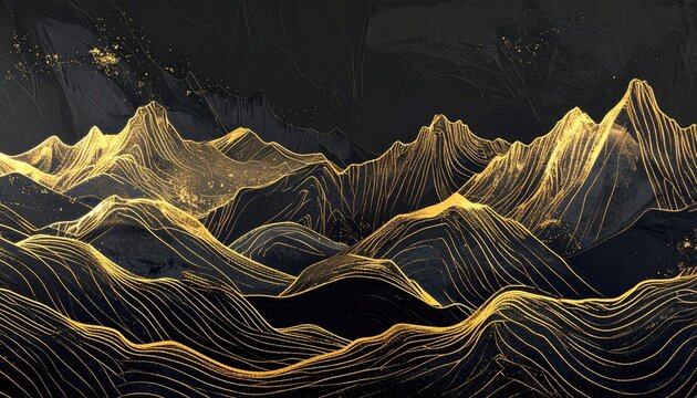An abstract landscape portrays a mountain range depicted with gold lines on a dark background. Fine lines detail each peak