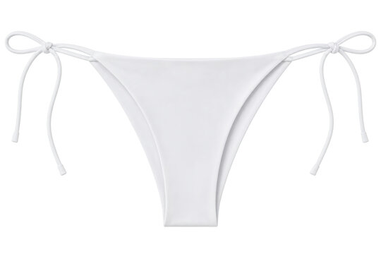 Women's string bikini underwear, tie-side minimal coverage, smooth microfiber, white, thin string side ties. Flat lay top view isolated on white background for fashion e-commerce catalog.
