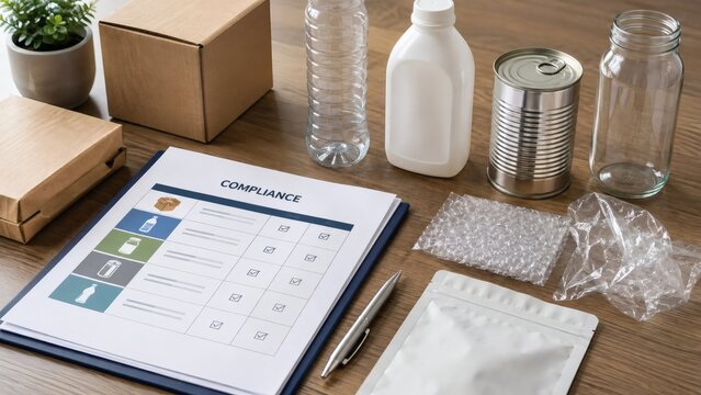 Packaging compliance checklist on a clipboard beside bottles cans jars films and pouches spread across a wooden desk during a producer responsibility audit