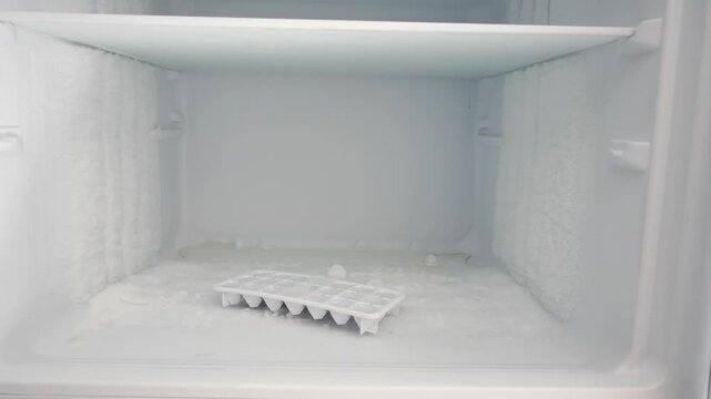 Freezer interior with ice and frost build-up showing an empty ice cube tray
